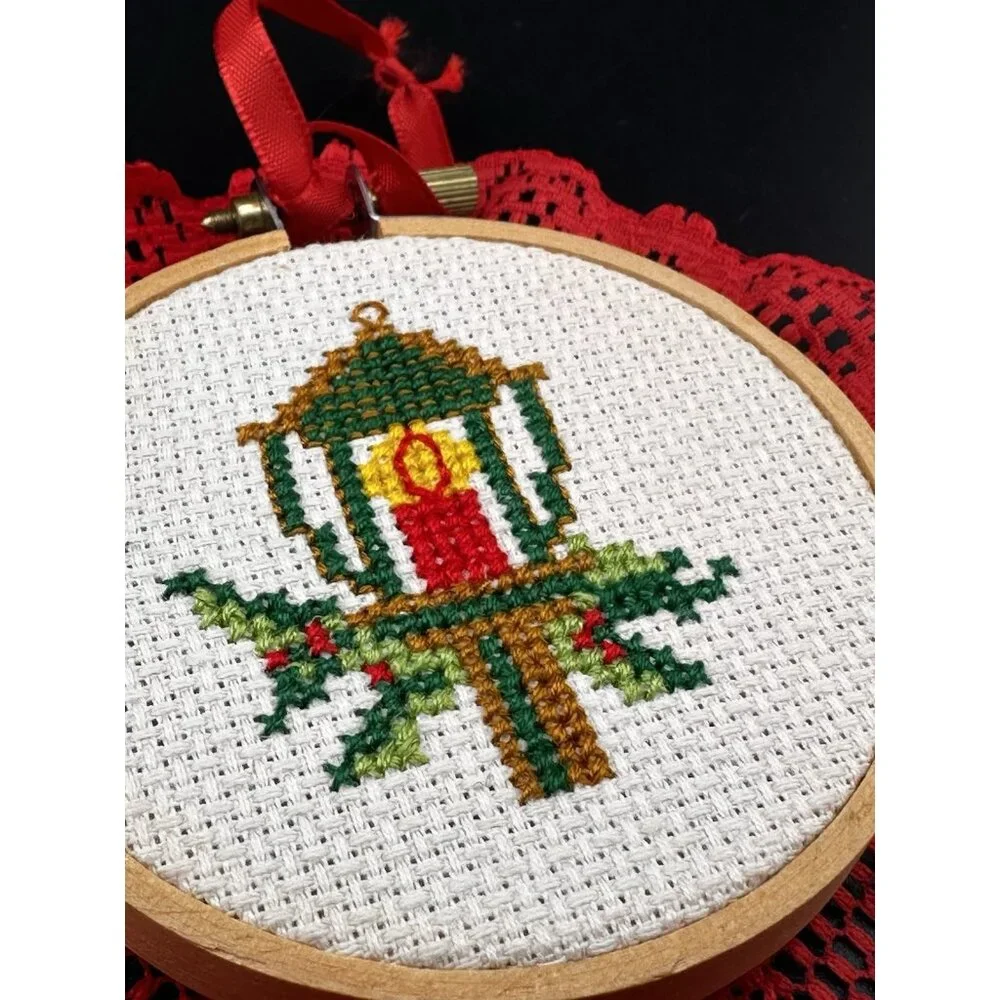 Completed Candle Cross Stitch Embroidery Christmas Ornament Hoop‎ Red Lace